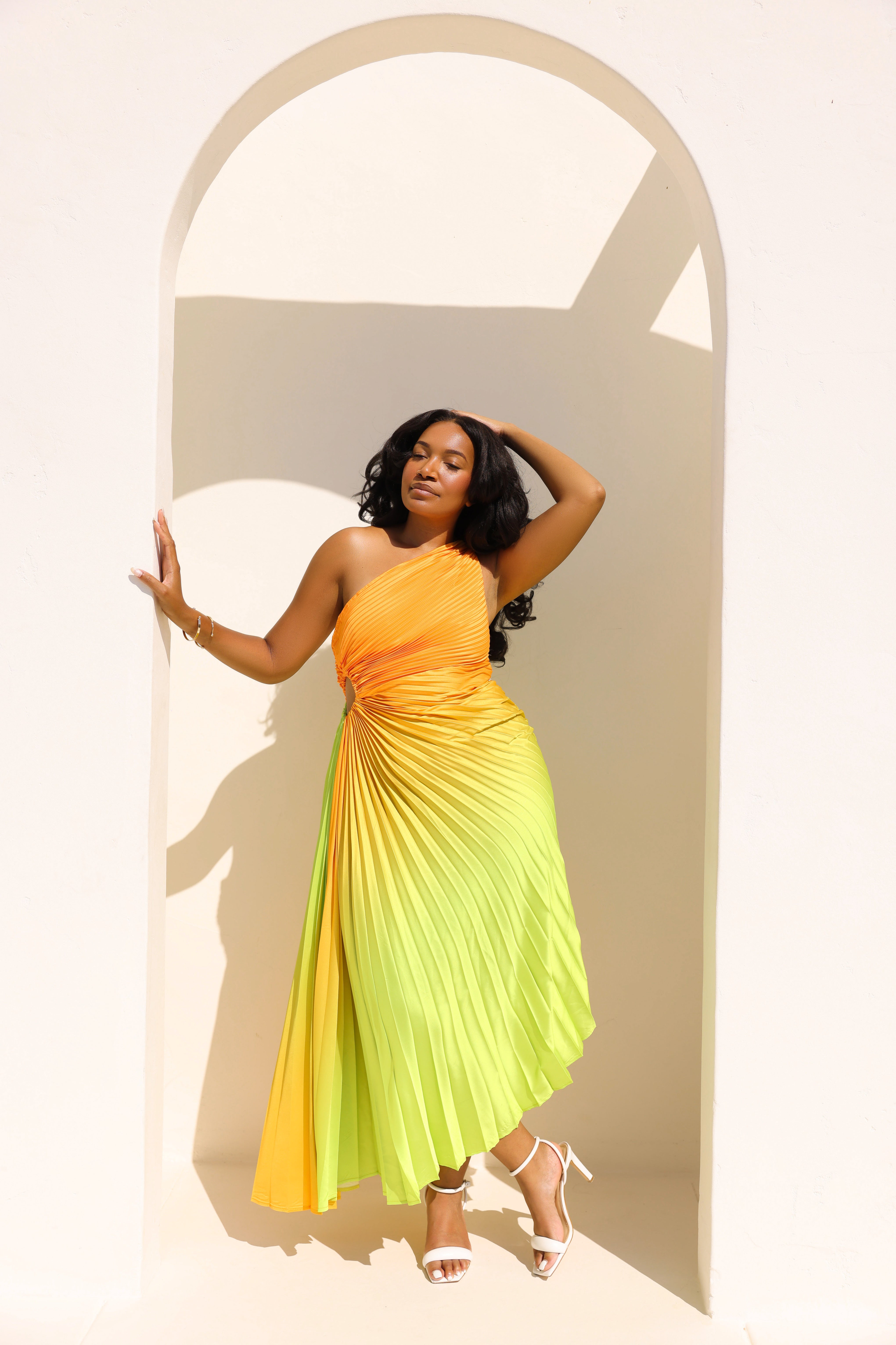 THE SUNKIST OMBRE SATIN-PLEATED MAXI DRESS S