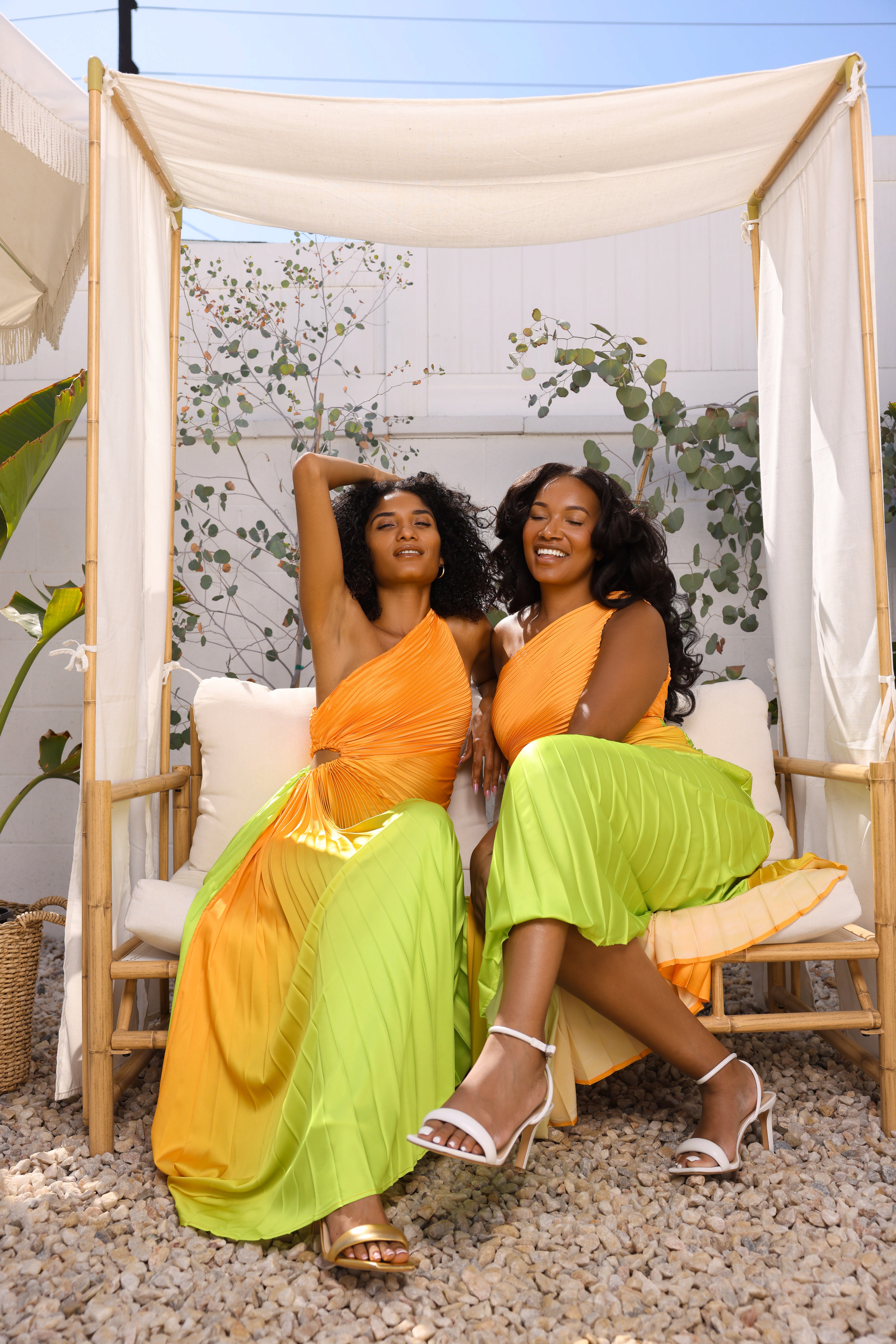 ariya ombre satin pleated dress SUNSET PLEATED OMBRE MAXI DRESS AKIRA
